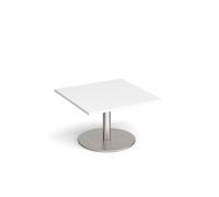 Monza square coffee table with flat round brushed steel base 800mm - white