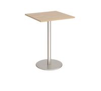 Monza square poseur table with flat round brushed steel base 800mm - Kendal oak