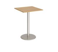 Monza square poseur table with flat round brushed steel base 800mm - oak