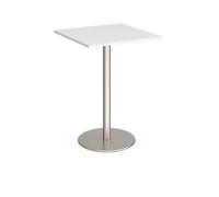 Monza square poseur table with flat round brushed steel base 800mm - white