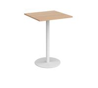 Monza square poseur table with flat round white base 800mm - beech