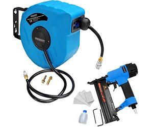 MONZANA® 10m Automatic Retractable Air Line Hose Reel & Pneumatic 2in1 Brad Nailer Stapler Set | Compressed Air Powered Tools | 1/4' Quick Connection | 100 Nails 100 Staples