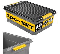 Monzana® 2x 30 Litre Stackable Storage Boxes with Lids | 40kg Capacity | BPA-free Polypropylene | Stable Flexible Click Closure | Cellar Garage Workshop Opaque Organiser Trays Grey/Black