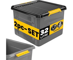 Monzana® 2x 32 Litre Stackable Storage Boxes with Lids 40kg Load Grey/Black | Plastic Storage Box with Lid, BPA-free Polypropylene, Flexible Click Closure, Cellar Garage Workshop Opaque Organiser Trays