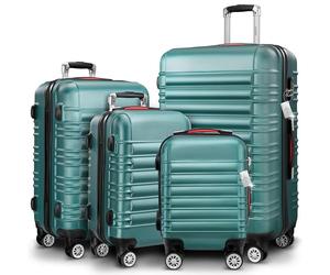 Monzana® 4 Piece Travel Suitcase Set with Organiser, Scale & Strap | Lightweight ABS Hard Shell Luggage | 4 Spinner Twin Wheels | Scratch Resistant Lockable Cabin Trolley Cases | S-M-L-XL | Green