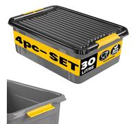 Monzana® 4x 30 Litre Stackable Storage Boxes with Lids 40kg Load Grey/Black | Plastic Storage Box with Lid, BPA-free Polypropylene, Flexible Click Closure, Cellar Garage Workshop Opaque Organiser Trays