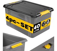 Monzana® 4x 40 Litre Stackable Storage Boxes with Lids 40kg Load Grey/Black | Plastic Storage Box with Lid, BPA-free Polypropylene, Flexible Click Closure, Cellar Garage Workshop Opaque Organiser Trays