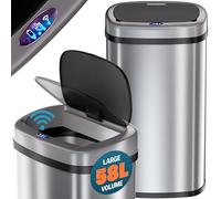 Monzana® 58 Litre Kitchen Bin Stainless Steel with Automatic Opening Sensor | Silver Rectangular, Touchless Soft Close Lid for Kitchen, Bathroom, or as Nappy Bin, Recycling Dustbin Waste Bins, Home
