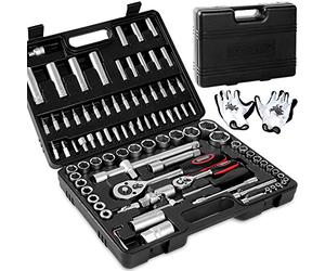 Monzana® 94pc Ratchet Socket Wrench Set in Tool Case | Chrome Vanadium Steel | Allen Hex Torx Slot Cross Screwdriver Bits in Box | Universal 1/4' - 1/2' Drive with Work Gloves