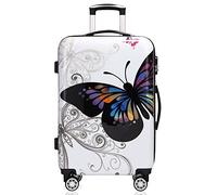 MONZANA® Butterfly Hard Shell Suitcase Large - Lightweight Polycarbonate Travel Luggage with 360° Spinner Wheels, Telescopic Handle & Combination Lock, White Checked Suitcase