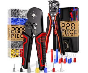 MONZANA® Electricians Hexagonal Crimping Pliers & Wire Stripper Set Red/Blk | 0.25-10mm² 2000 Cable End Ferrules, Electrical Bootlace Terminal Connectors Ratchet Crimp Tool with Storage Bag
