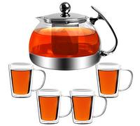 Monzana Teapot Set 1200ml with Warmer and Removable Infuser Tea Filter for Loose Tea with 4 Double Walled Tea Glasses