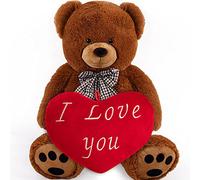 Monzana Teddy Bear With Heart Pillow 50cm Brown Soft Dense Fur Bow Paws I Love You Gift Valentine's Day Plush Bear Cuddly Toy Girlfriend Boyfriend