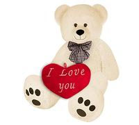 Monzana® Teddy Bear with 'I Love You' Heart Pillow | XL - 100cm | Beige | Valentine's Day Gift | Soft Fur, Cute Bow Tie | Perfect Present for Husband, Wife, Girlfriend or Boyfriend