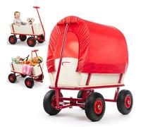 MONZANA® Wooden Garden Trolley Removable Canopy Cover & Pneumatic Tyres, 180 kg Capacity 4 Wheeled Beach Trolley with Inflatable Tyres & Pull Handle, Beach Wagon Pull Along Wagon | Steel Frame | Red