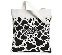 Moo Canvas Tote Bag for Women, Contemporary Playful Cow Print Black Spots None Black Washable Reusable Small Tote Bag Ideas, Black, 13x15 Inch