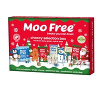 Moo Free Christmas Choccy Selection Box 100g - Vegan, Dairy & Gluten Free | Free from the UK's top 14 allergens, including nuts and soya. 4 vegan treats: Buttons, Jingle Chums, Snowman & Santa bars.