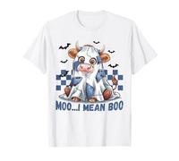 Moo I Mean Boo Halloween Highland Cow Ghost Patchwork Fall T-Shirt