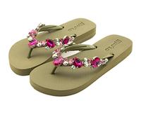 MOO´ILO Women's mooilo Summer Toe Separator Sandals Flip Flop with Elegant Colourful Stones (Hand Embroidered) - Ultra Soft Sole - Design, Made in Germany, khaki, 8 UK