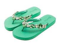 MOO´ILO Women's mooilo Summer Toe Separator Sandals Flip Flop with Elegant Stones (Hand Embroidered) - Ultra Soft Sole - Design, Made in Germany, Green, 4 UK