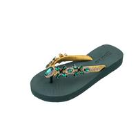 MOO´ILO Women's Summer Toe Separator Sandals 'Dark Green Band Gold' (Hand Embroidered) - Ultra Soft Sole - Design, Made in Germany, Dark Green Rainbow, 8 UK