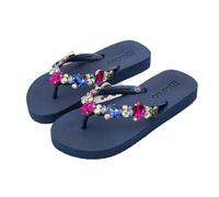 MOO´ILO Women's Summer Toe Separator Sandals 'Navy Colourful' (Hand Embroidered) - Ultra Soft Sole - Design, Made in Germany, Navy Colorful, 8.5 UK