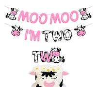 Moo Moo I’m Two Birthday Decoration Cow Theme 2nd Birthday Banner Cow Two Cake Topper Kids Boy Girl’s Happy Second Bday Party Supplies Glitter Pink Decor