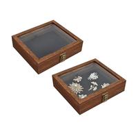 MOOCA Tempered-Glass Top 2pcs Set Small Wooden Jewelry Display Case with Removable Black Luxurious Velvet Jewelry Display Pad, Deeper 2.2" Design for Collectibles, Brown Color.