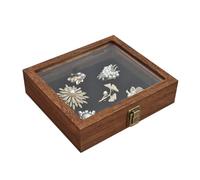 MOOCA Tempered-Glass Top Small Wooden Jewelry Display Case with Removable Black Luxurious Velvet Jewelry Display Pad, Deeper 2.2" Design for Collectibles, Brown Color.