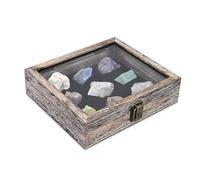 MOOCA Tempered-Glass Top Small Wooden Jewelry Display Case with Removable Black Luxurious Velvet Jewelry Display Pad, Deeper 2.2" Design for Collectibles, Coffee Color.