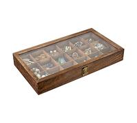 MOOCA Wooden Display Storage Case with Tempered Glass Lid for Jewelry and Beads with 18 Compartments Tray, 15" W x 8 3/8" L x 2 1/8" H, Brown Color