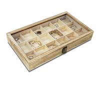 MOOCA Wooden Jewelry Display Case with Tempered Glass Lid & 18 Compartments Tray, Rock Collection Box, Crystal Display Case, Oak Color