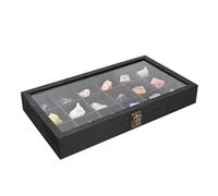 MOOCA Wooden Jewelry Display Case with Tempered Glass Lid & 18 Compartments Tray, Rock Collection Box, Crystal Display Case, Black Color