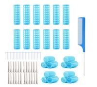 MOODKEY 24Pcs Small Heatless Rollers Set with 24Pcs Clips and 1Pc Rat Tail Comb, No Damage Curling Tools for All Hair Types(Blue,0.75in)