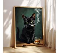 Moody Black Cat Smoking with Whiskey | Luxury Wall Art Print | HomeDecor | Wall Poster | Unique Gift | Gift | Trendy | Coctail Bar Art