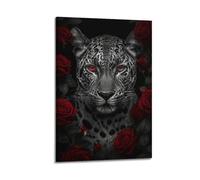 Moody Black Jaguar With Striking Red Eyes Surrounded By Deep Red Roses Canvas Wall Art Poster, Dark Romantic Wildlife Portrait Print, Edgy Art For Gothic Bedroom Luxury Hallway Decor 24x36inch