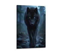 Moody Black Wolf With Dual Colored Eyes Walking Through Misty Rainy Forest Canvas Wall Art Poster, Dark Wildlife Realistic Print, Edgy Gothic Art For Man Cave Dark Tone Bedroom Hallway Decor 08x12inc