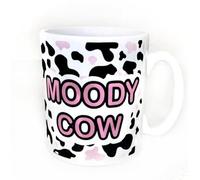 Moody Cow Coffee Mug, 296ml, White Ceramic with Pink and Black Cow Print Design