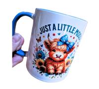 Moody Cow Mug - “Just A Little Moody” Cute Highland Cow,11oz Ceramic Coffee Cup with Blue Handle & Inner | Fun Highland Coo Gift Idea with Flowers, Sunflowers, Butterfly