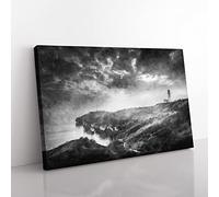 Moody Lighthouse & Seascape Painting Modern Art Canvas Wall Art Print Ready to Hang, Framed Picture for Living Room Bedroom Home Office Décor, 76x50 cm (30x20 Inch)