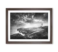 Moody Lighthouse & Seascape Painting Modern Art Framed Wall Art Print, Ready to Hang Picture for Living Room Bedroom Home Office Décor, Walnut A4 (34 x 25 cm)