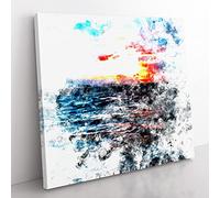 Moody Skies Above the Ocean Watercolour Modern Canvas Wall Art Print Ready to Hang, Framed Picture for Living Room Bedroom Home Office Décor, 35x35 cm (14x14 Inch)