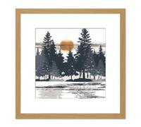 Moody Sunrise Pine Forest Snow Winter Landscape Square Wooden Framed Wall Art Print Picture 8X8 Inch Artery8 Light Oak One Size