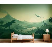 MOOGCO Dinosaur Valley Green Wallpaper Mural, Peel and Stick Kids Room Wall Mural, Layered Silhouette Landscape Nursery Wallpaper, 120 x 100 in