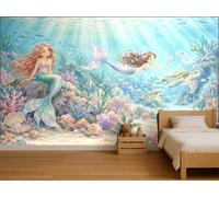 MOOGCO Mermaid Lagoon Wallpaper Mural, Peel and Stick Kids Room Wall Mural, Watercolor Nursery Wallpaper Made to Measure, 200 x 110 in