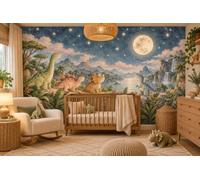 MOOGCO Moonlit Dinosaurs Wallpaper Mural, Peel and Stick Kids Room Wall Mural, Watercolor Dinosaur Nursery Wallpaper, 100 x 80 in