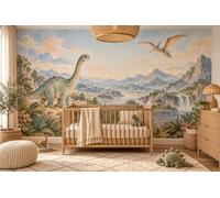 MOOGCO Mountain Dinosaur Wallpaper Mural, Peel and Stick Kids Room Wall Mural, Watercolor Dinosaur Nursery Wallpaper, 120 x 100 in