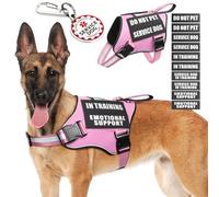MOOGROU Service Dog Vest Harness+ID Tag+10 Patches,Durable Metal Serivce Dog Tag&Reflective Emotional Support Dog Vest with Handle for Large Dogs,Easy Put On/Off for Training/Walking/Everyday Pink L