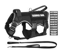 MOOGROU Tactical Service Dog Vest and Leash Set,Heavy Duty Harness with Metal Buckles for Large Dogs,Adjustable No Pull Pet Vest with 10 Patches,for Training Working Hiking,Black XL