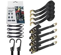 MOOK 4PCs Heavy Duty Ratchet Straps with Hooks - 4PCs 6M x 25MM Tie Down Straps with J Hooks, 4 Soft Loops, 2 Bungee Cords - 800KG Load Capacity - Secure Cargo for Car, Trailer Motorcycle - 14 PCs Set